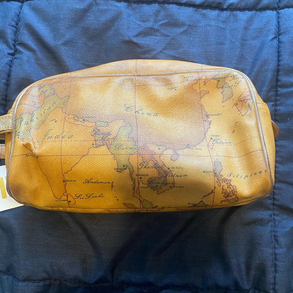Alviero Martini Tan Toiletry Bag with World Map Design and Zipper Closure
